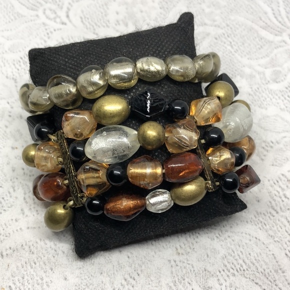 Bundle lot 2 glass bead and brass stretch bracelets boho festival - Picture 4 of 7